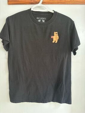 Riot Society Black Tee with Gold Bear Holding drink
